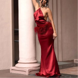 Halterneck Open Back Fur Patchwork Slit Dress