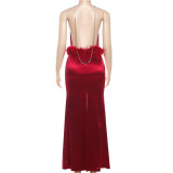 Halterneck Open Back Fur Patchwork Slit Dress