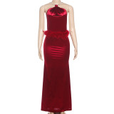 Halterneck Open Back Fur Patchwork Slit Dress