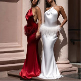 Halterneck Open Back Fur Patchwork Slit Dress