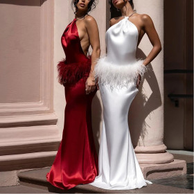 Halterneck Open Back Fur Patchwork Slit Dress