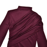 Solid Color Round Neck Gathered Hip-hugging Ribbon Long-sleeved Slim Dress