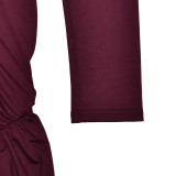 Solid Color Round Neck Gathered Hip-hugging Ribbon Long-sleeved Slim Dress