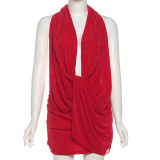 Deep V Halter Neck Backpack Hip Short Skirt Solid Color Dress