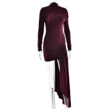 Solid Color Round Neck Gathered Hip-hugging Ribbon Long-sleeved Slim Dress