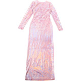 Round Neck Long Sleeve Solid Color Glitter Dress