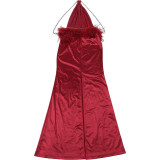 Halterneck Open Back Fur Patchwork Slit Dress