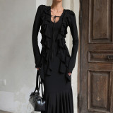 Slim Fit Hip-hugging Ruffled Long-sleeve Dress