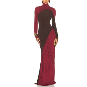 Sexy Turtleneck Color Block Hip-hugging Long Skirt