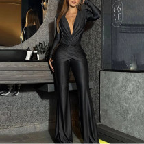 Deep V Long-sleeved Slimming Slim Fit Jumpsuit