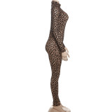 Leopard Print High-waisted Slim-fit Hip-hugging Long-sleeved Jumpsuit
