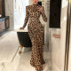Backless High-neck Long-sleeved Elegant Printed Dress