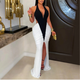 Sexy V-neck Arm-length Slit Backless Dress