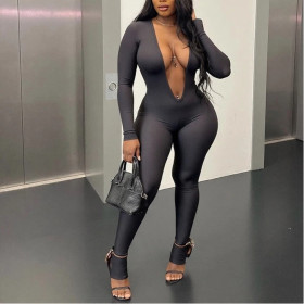 Backless Deep V Long-sleeved Solid Color Bodysuit