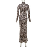 Round Neck Leopard Print Long Skirt Elegant Long Sleeve Printed Dress