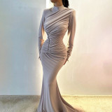 High-waist Pleated Elegant Long-sleeved Floor-length Gown