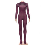 Printed High Neck Long Sleeve Sexy High Waist Slim Fit Jumpsuit