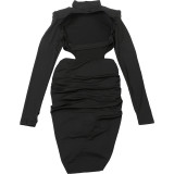 High Neck Backless Pleated Hip Short Skirt Long Sleeve Dress