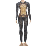 Mesh High Waisted Slim Fit Zippered Long Sleeve Jumpsuit