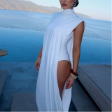 Slim Fit Jumpsuit High Collar Solid Color Sleeveless Dress