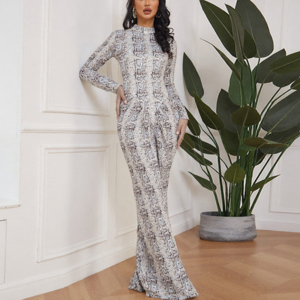 Round Neck Leopard Print Long Skirt Elegant Long Sleeve Printed Dress