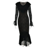 Mermaid Skirt Lace Pattern Slim Fit Trumpet Sleeve Dress