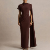 Elegant Pleated Ribbon Long Skirt Round Neck Half-sleeve Slim Dress
