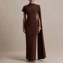 Elegant Pleated Ribbon Long Skirt Round Neck Half-sleeve Slim Dress