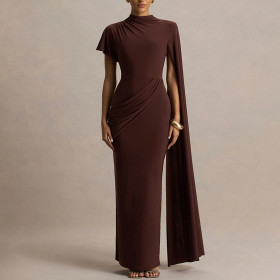 Elegant Pleated Ribbon Long Skirt Round Neck Half-sleeve Slim Dress