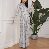 Round Neck Leopard Print Long Skirt Elegant Long Sleeve Printed Dress