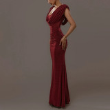 Elegant Solid Color Dress with Waist Pleated Design and Swung Collar