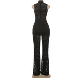 Lace Stitching Sleeveless Sexy High Waist Slim Fit Bootcut Jumpsuit