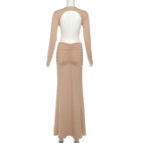 Solid Color V-neck Sexy Backless Long-sleeved Slit Pleated Dress