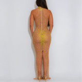 See-through Mesh Slim-fit Dress with Hot Rhinestones