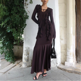 Slim Fit Hip-hugging Ruffled Long-sleeve Dress