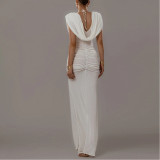 Elegant Solid Color Dress with Waist Pleated Design and Swung Collar