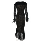 Mermaid Skirt Lace Pattern Slim Fit Trumpet Sleeve Dress