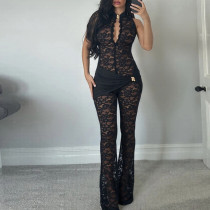 Lace Stitching Sleeveless Sexy High Waist Slim Fit Bootcut Jumpsuit