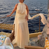 Temperament Waist-hugging Hip Pleated Ribbon Solid Color Dress