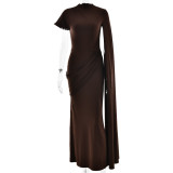 Elegant Pleated Ribbon Long Skirt Round Neck Half-sleeve Slim Dress