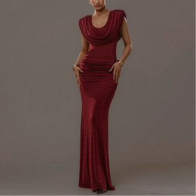 Elegant Solid Color Dress with Waist Pleated Design and Swung Collar