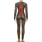 Mesh High Waisted Slim Fit Zippered Long Sleeve Jumpsuit