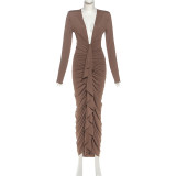 Slim-fitting Hip-hugging Dress with Deep V Pleat Design