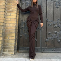 Slim Pleated Hip-hugging Solid Color Long-sleeved Dress