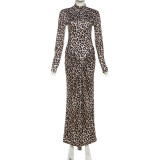 Round Neck Leopard Print Long Skirt Elegant Long Sleeve Printed Dress