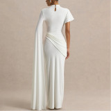 Elegant Pleated Ribbon Long Skirt Round Neck Half-sleeve Slim Dress