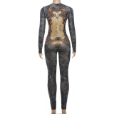 Mesh High Waisted Slim Fit Zippered Long Sleeve Jumpsuit