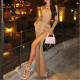 Solid Color V-neck Sexy Backless Long-sleeved Slit Pleated Dress