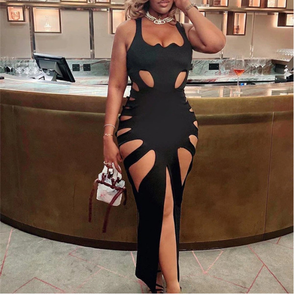 Hollow Low Collar High Waist Hip Slit Slim Long Dress