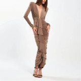 Slim-fitting Hip-hugging Dress with Deep V Pleat Design